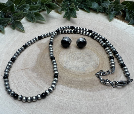 3mm Desert Pearls Silver Necklace & 4mm Post Earring Set - Sunset Turquoise Mountain