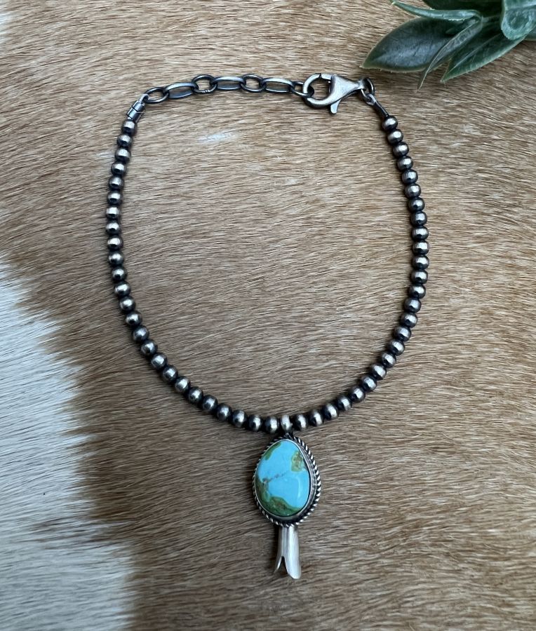 3mm Desert Pearls & Sonoran Turquoise Blossom Charm Bracelet - Sunset Turquoise Mountain