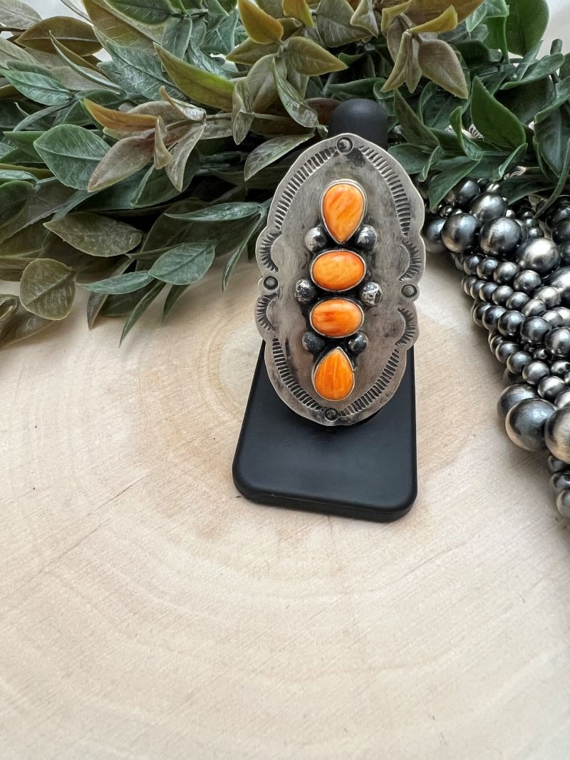 4 - Stone Spiny Oyster Rings by Cordell Platero - Sunset Turquoise Mountain