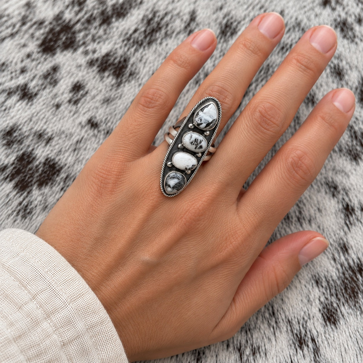 4 Stone White Buffalo Adjustable Rings — ring 1, lifestyle, worn scale approximate