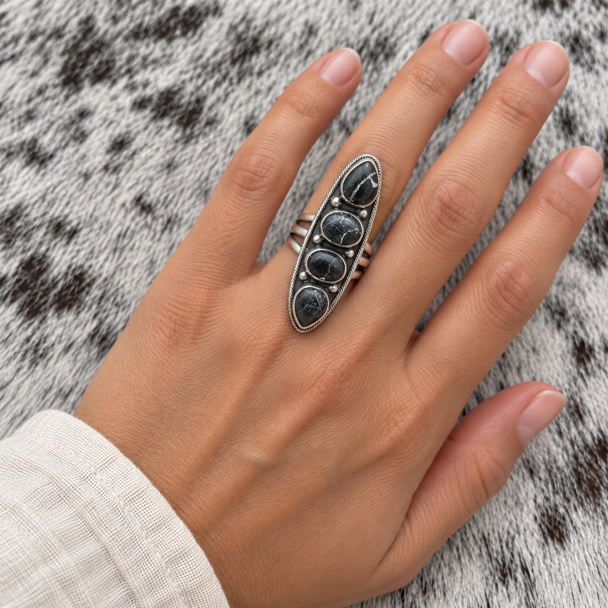 4 Stone White Buffalo Adjustable Rings — ring 2, lifestyle, worn scale approximate