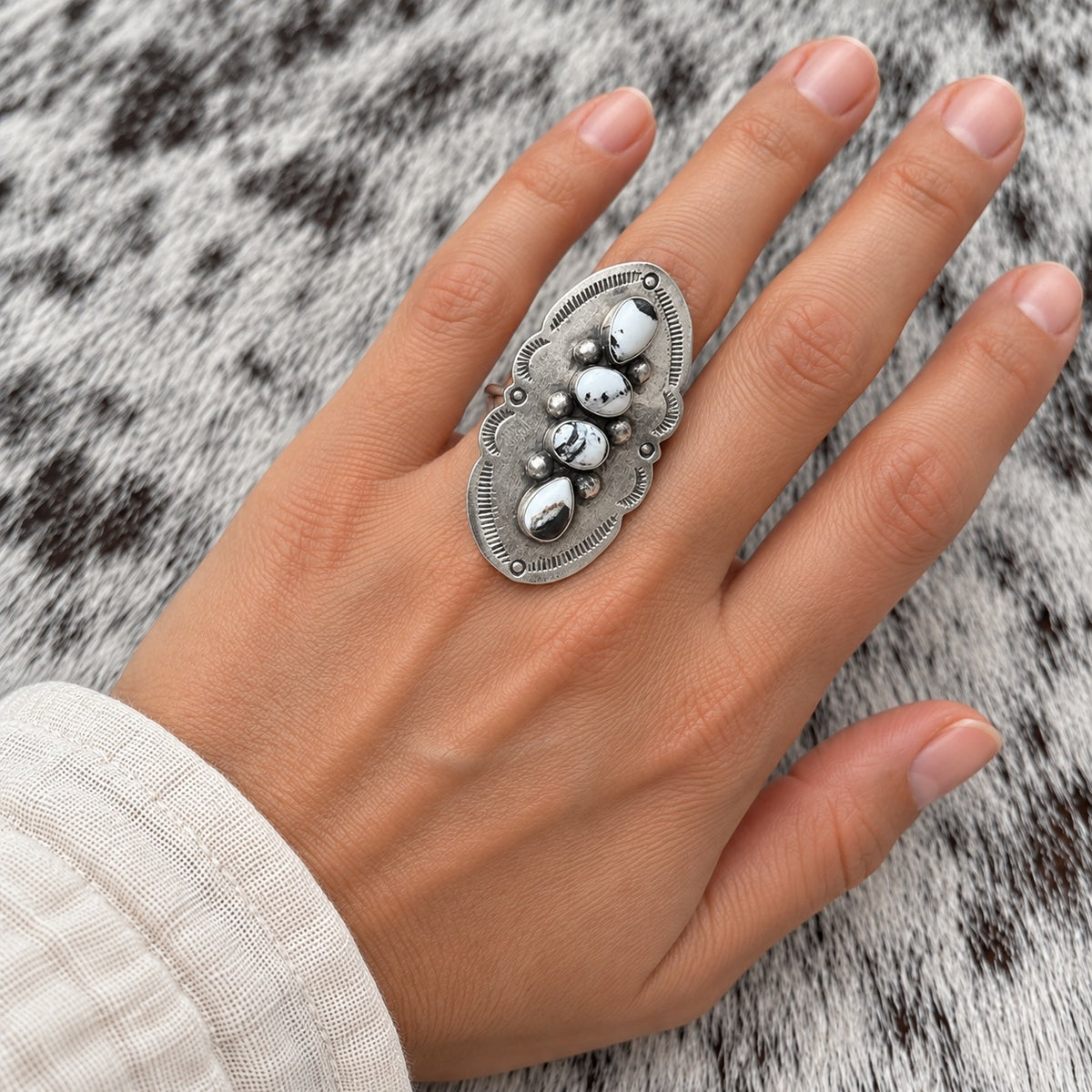 4 Stone White Buffalo Adjustable Rings — ring 2, lifestyle, worn scale approximate