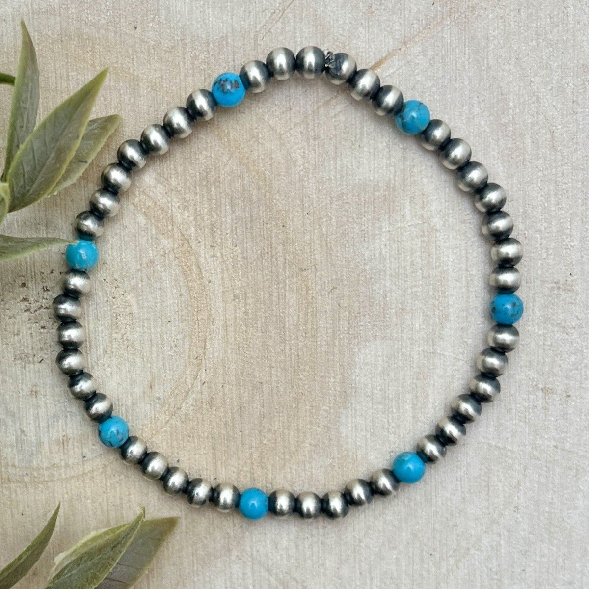 4mm Desert Pearls & Blue Turquoise Stretch Bracelet - Sunset Turquoise Mountain