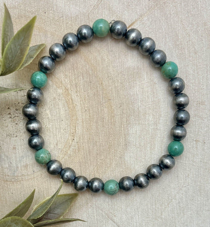 4mm Desert Pearls & Green Turquoise Stretch Bracelet - Sunset Turquoise Mountain