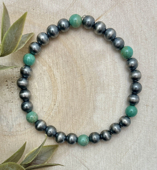 4mm Desert Pearls & Green Turquoise Stretch Bracelet - Sunset Turquoise Mountain