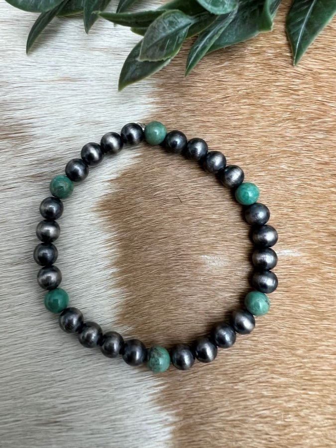 4mm Desert Pearls & Green Turquoise Stretch Bracelet - Sunset Turquoise Mountain