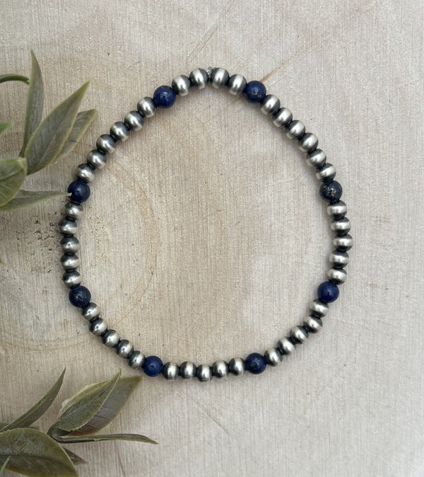 4mm Desert Pearls & Lapis Stretch Bracelet - Sunset Turquoise Mountain