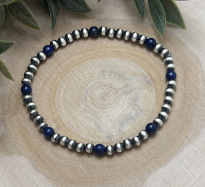 4mm Desert Pearls & Lapis Stretch Bracelet - Sunset Turquoise Mountain