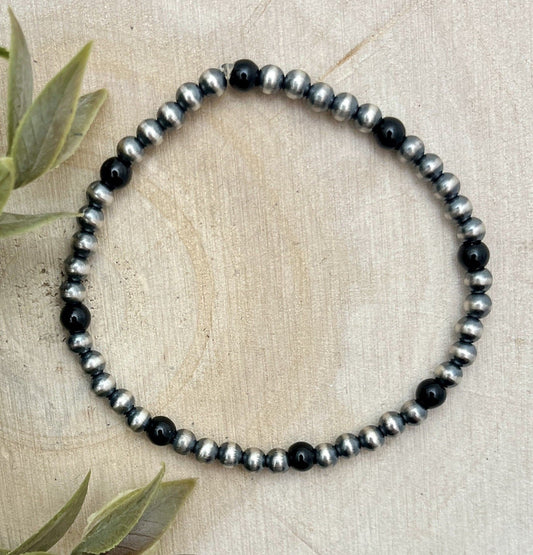 4mm Desert Pearls & Onyx Stretch Bracelet - Sunset Turquoise Mountain