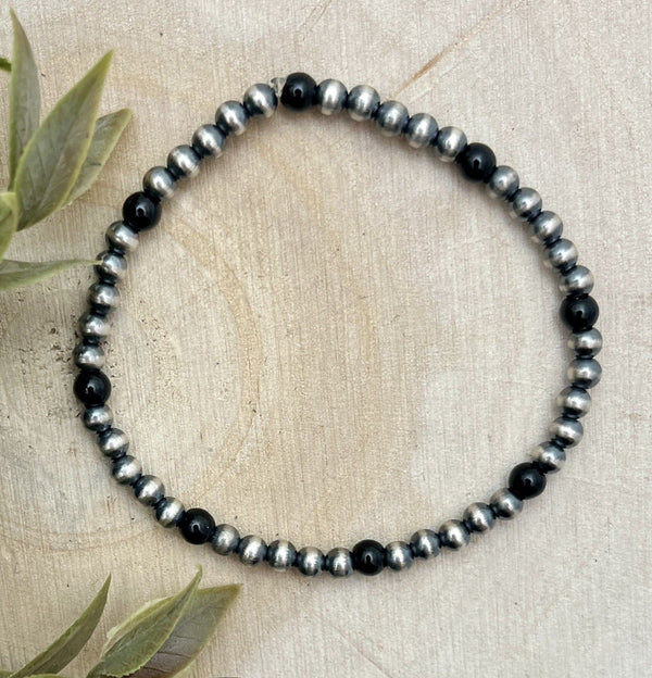 4mm Desert Pearls & Onyx Stretch Bracelet - Sunset Turquoise Mountain