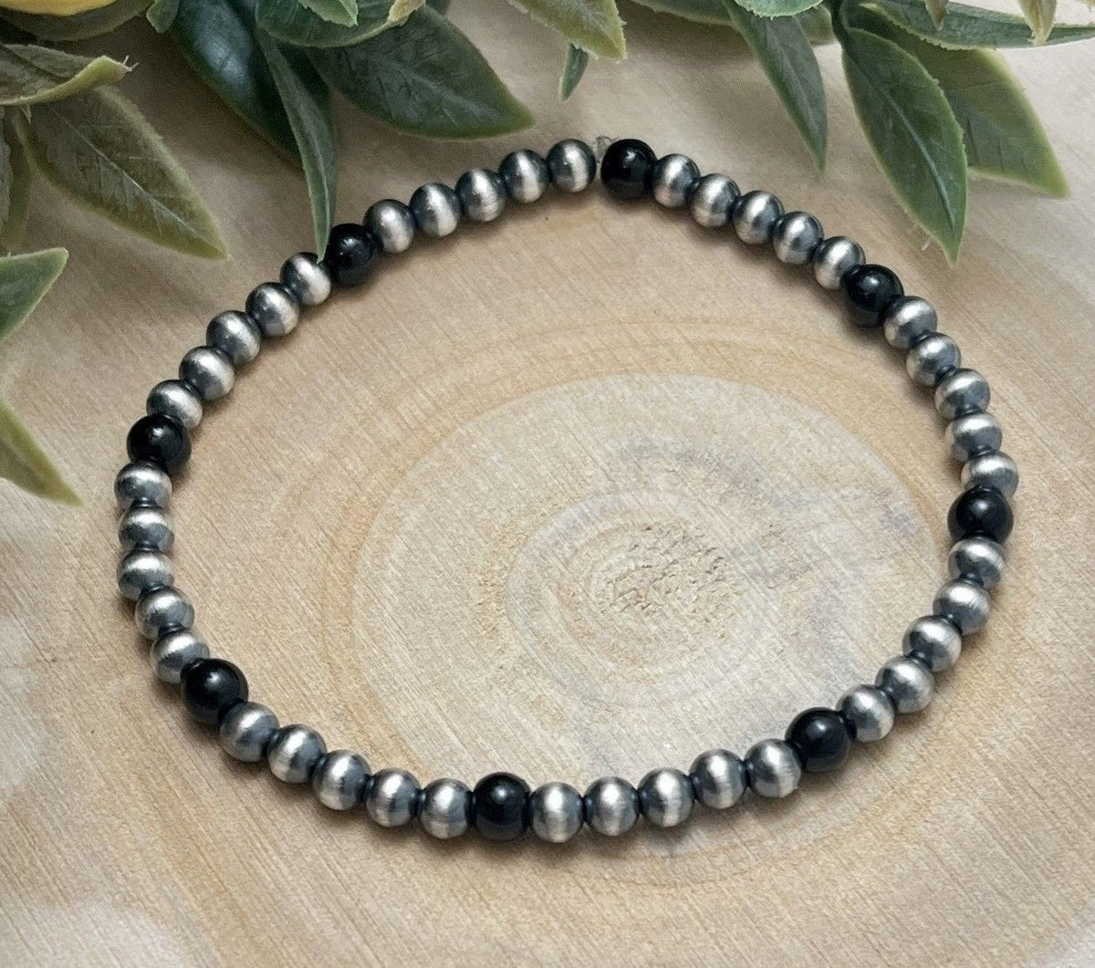 4mm Desert Pearls & Onyx Stretch Bracelet - Sunset Turquoise Mountain