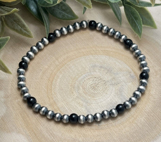 4mm Desert Pearls & Onyx Stretch Bracelet - Sunset Turquoise Mountain
