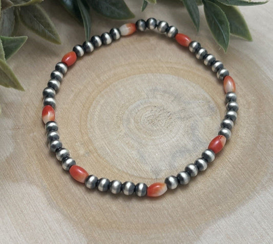 4mm Desert Pearls & Red Spiny Stretch Bracelet - Sunset Turquoise Mountain