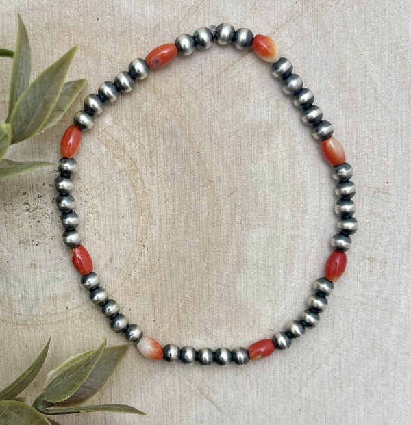 4mm Desert Pearls & Red Spiny Stretch Bracelet - Sunset Turquoise Mountain