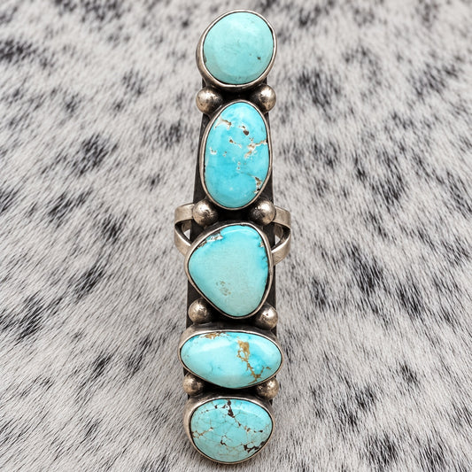5 Stone Golden Hills Turquoise Long Ring — closeup