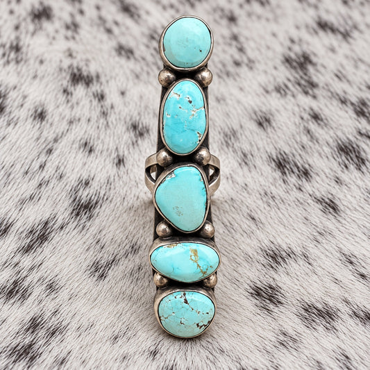 5 Stone Golden Hills Turquoise Long Ring — front