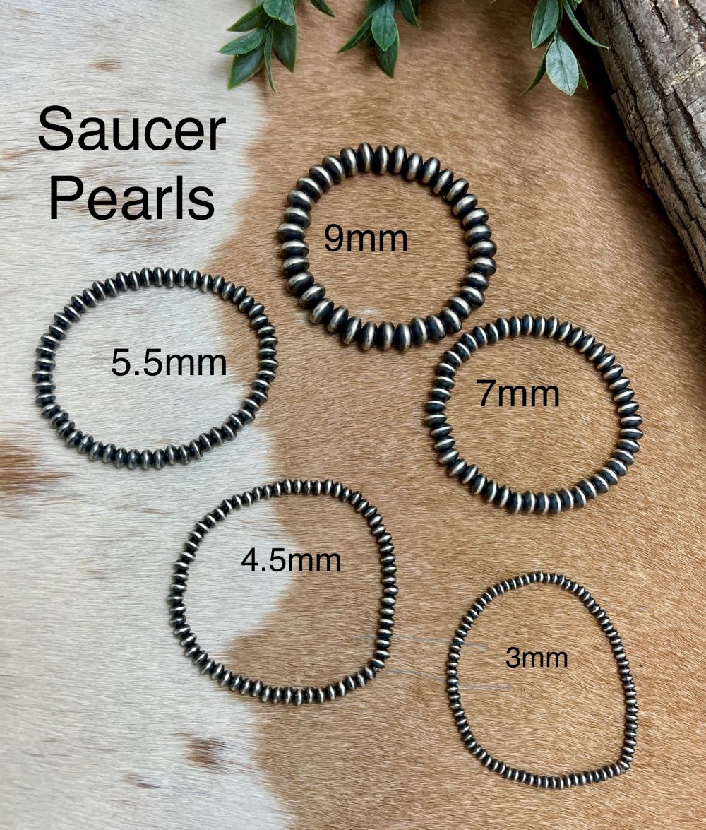 Saucer Desert Pearls stretch bracelets in all sizes, 3mm to 9mm - Sunset Turquoise Mountain