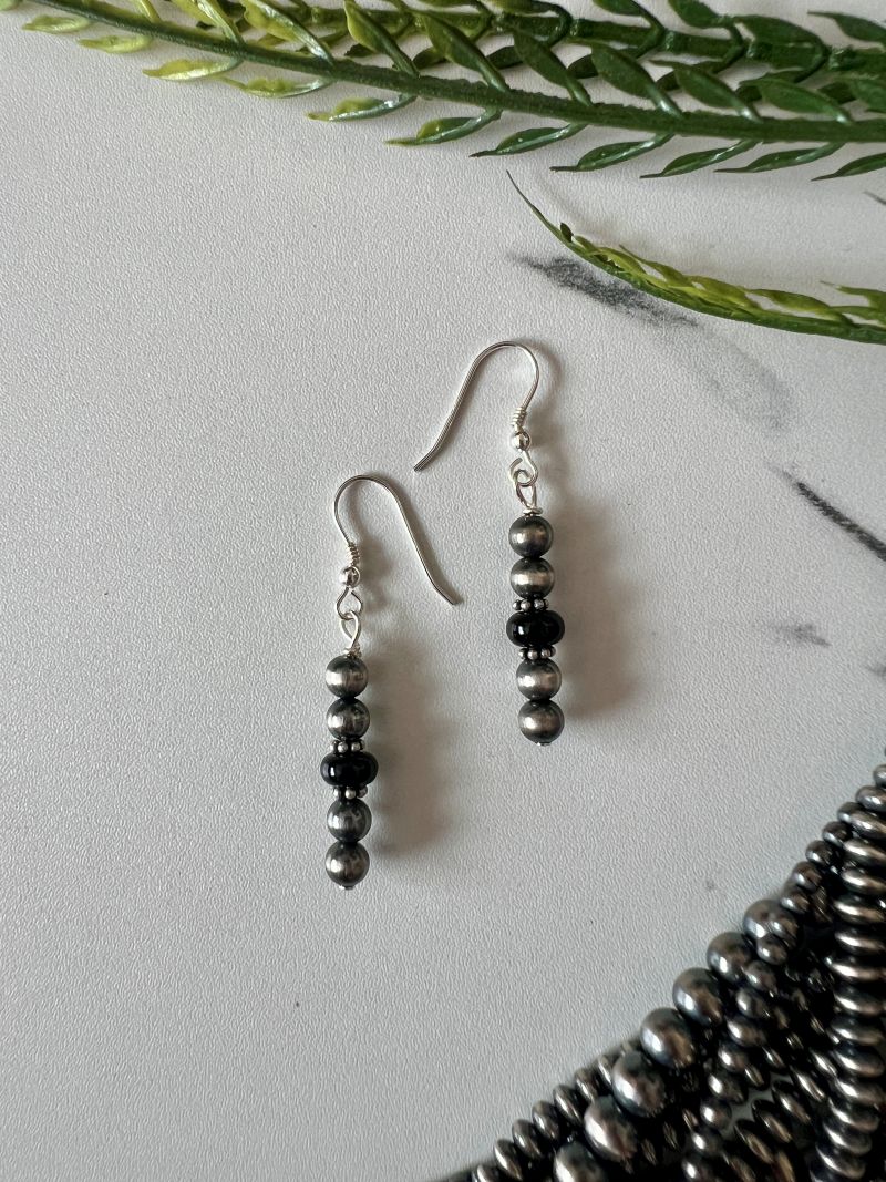 5mm Desert Pearl and Onyx Stick Dangle Earrings - Sunset Turquoise Mountain