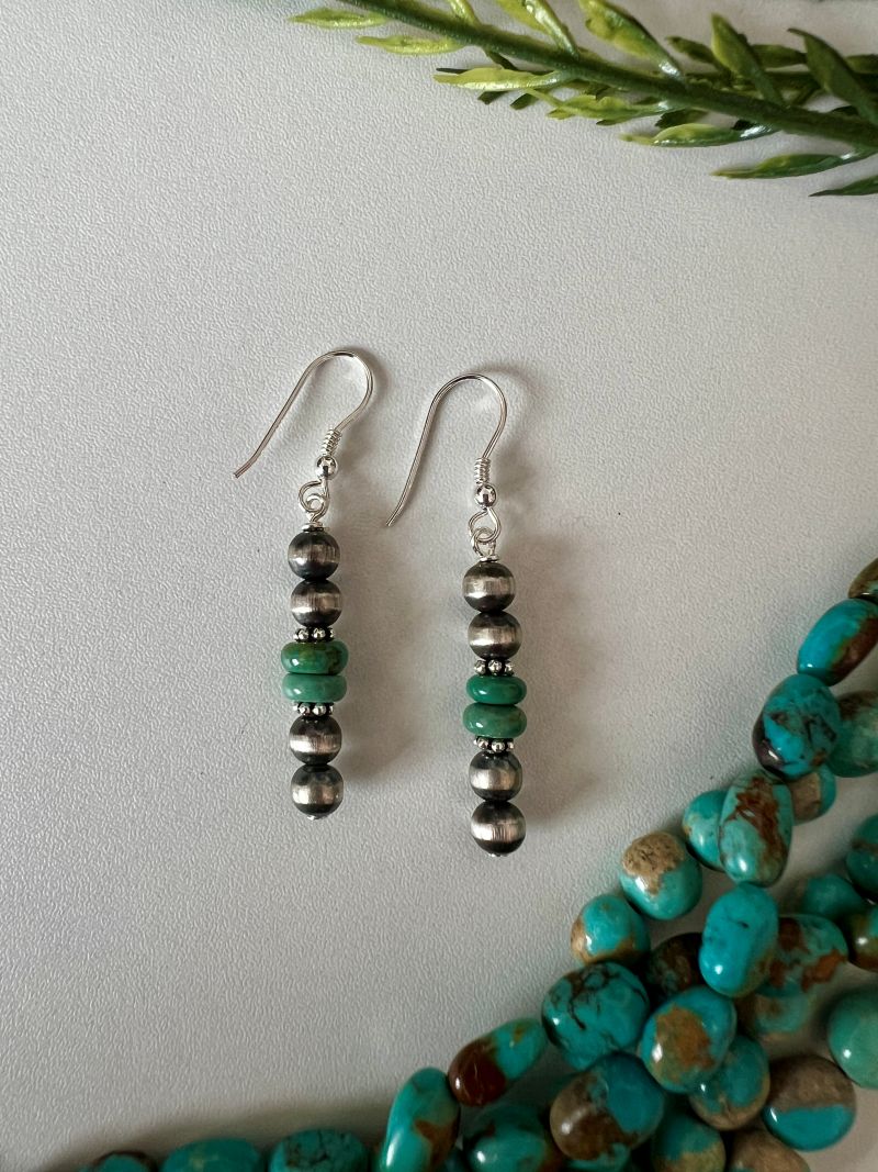 5mm Desert Pearl and Turquoise Stick Dangle Earrings - Sunset Turquoise Mountain