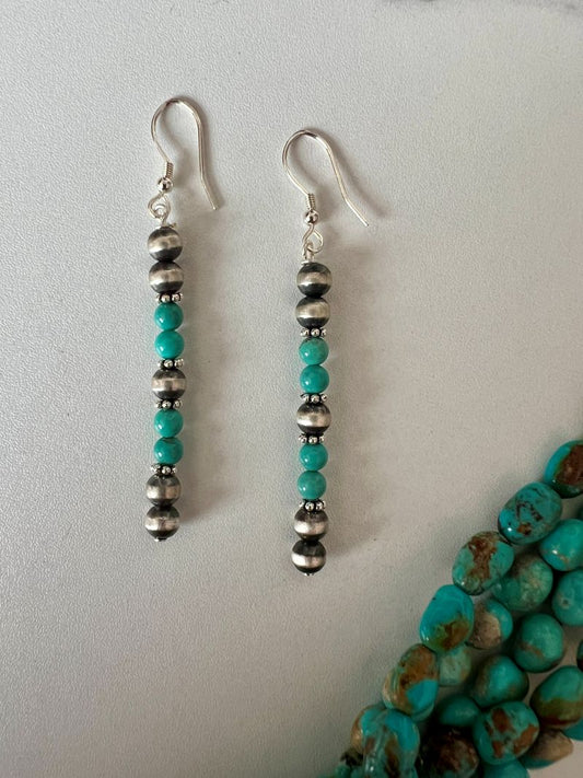 5mm Desert Pearl and Turquoise Stick Dangle Earrings - Sunset Turquoise Mountain