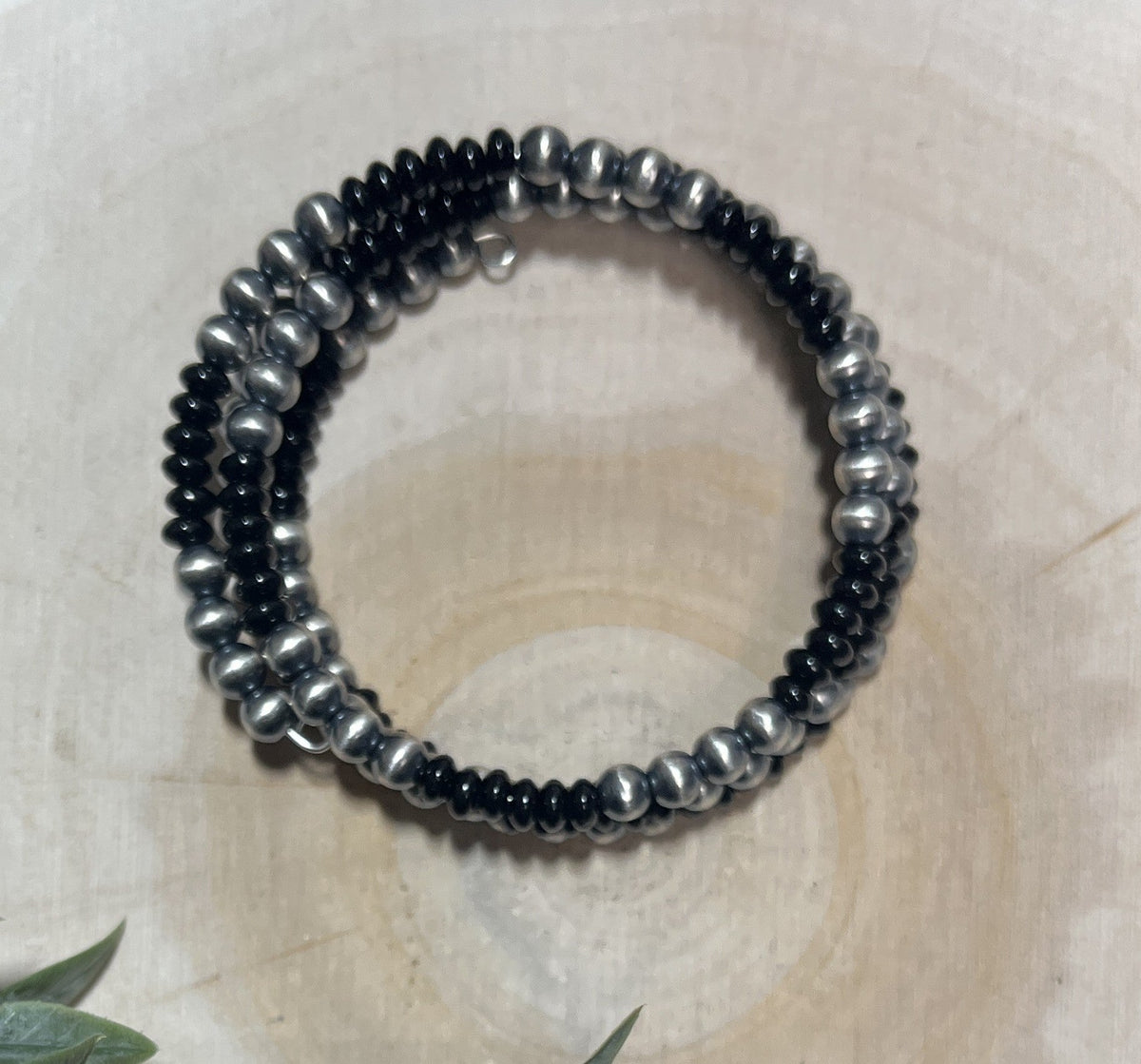 5mm Desert Pearls and Black Onyx 3 - row Memory Bracelet - Sunset Turquoise Mountain