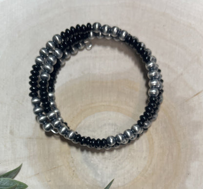 5mm Desert Pearls and Black Onyx 3 - row Memory Bracelet - Sunset Turquoise Mountain