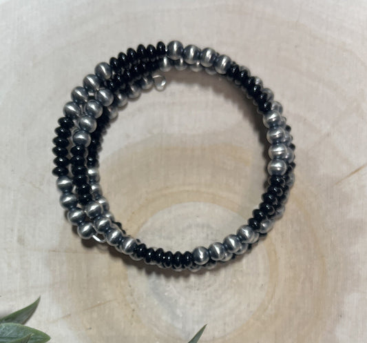 5mm Desert Pearls and Black Onyx 3 - row Memory Bracelet - Sunset Turquoise Mountain