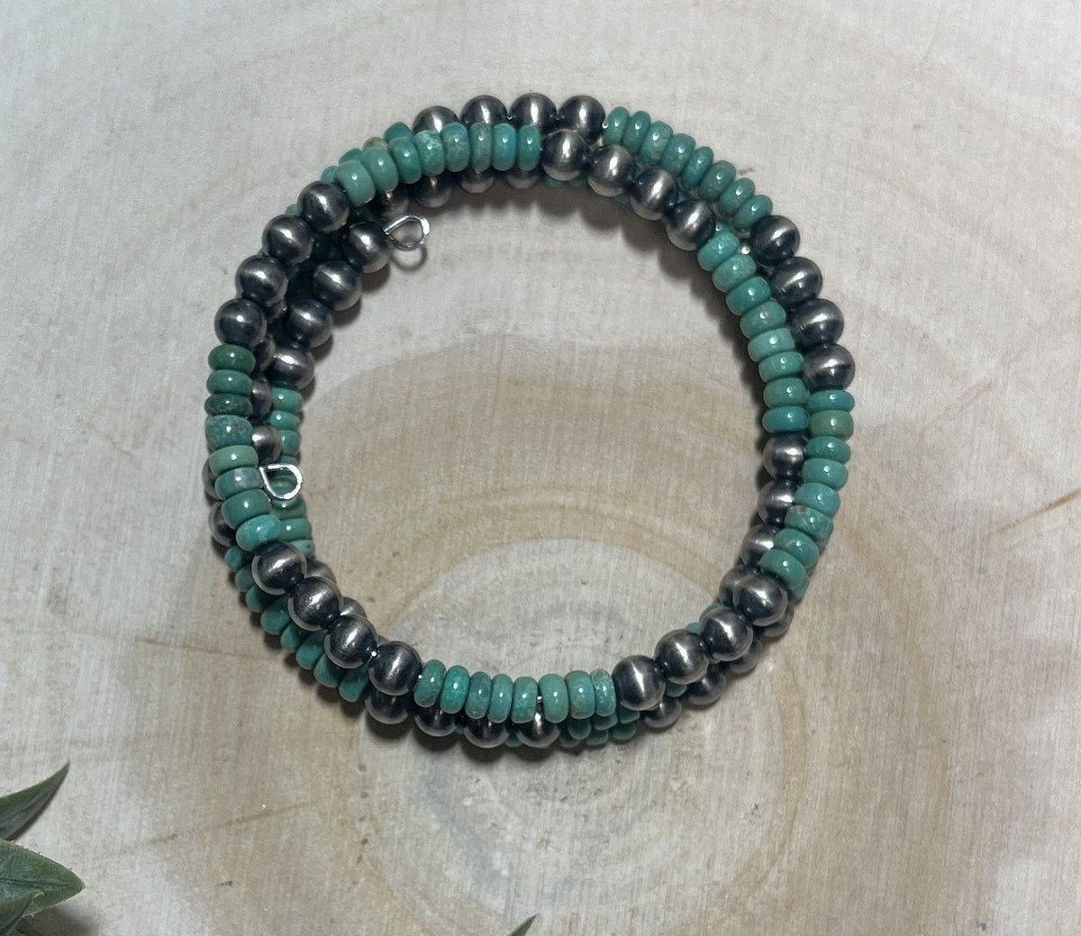 5mm Desert Pearls and Green Turquoise 3 - row Memory Bracelet - Sunset Turquoise Mountain