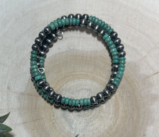 5mm Desert Pearls and Green Turquoise 3 - row Memory Bracelet - Sunset Turquoise Mountain