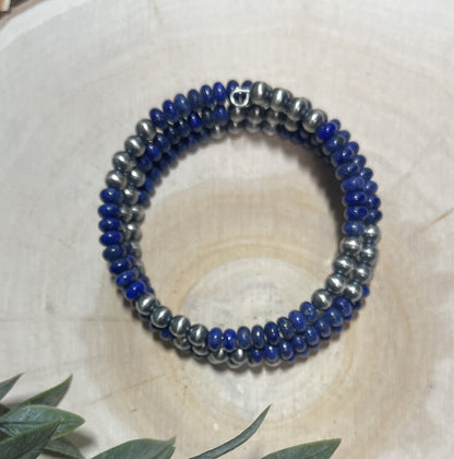 5mm Desert Pearls and Lapis 3 - row Memory Bracelet - Sunset Turquoise Mountain