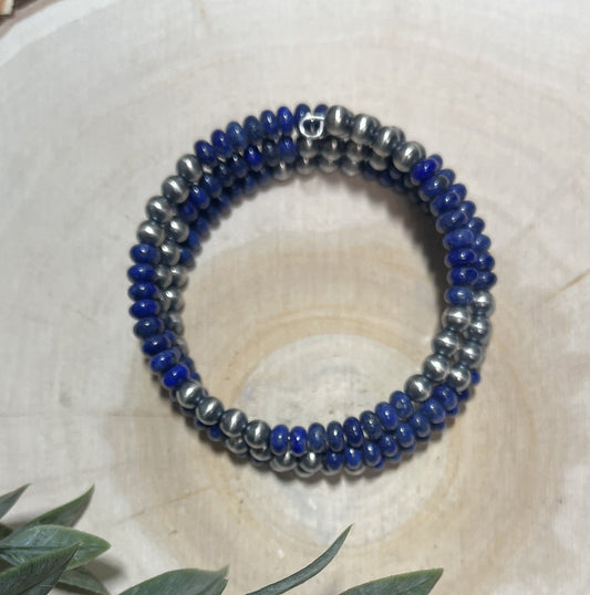 5mm Desert Pearls and Lapis 3 - row Memory Bracelet - Sunset Turquoise Mountain