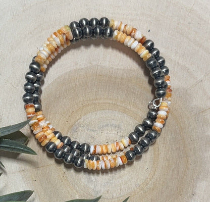 5mm Desert Pearls and Orange Spiny 3 row Memory Bracelet - Sunset Turquoise Mountain