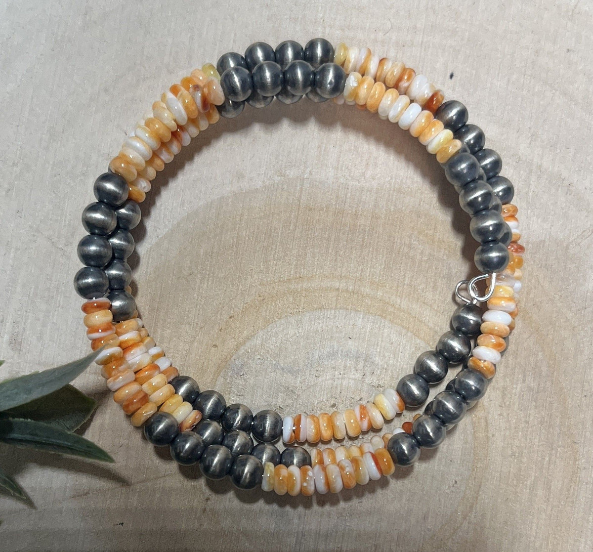 5mm Desert Pearls and Orange Spiny 3 row Memory Bracelet - Sunset Turquoise Mountain