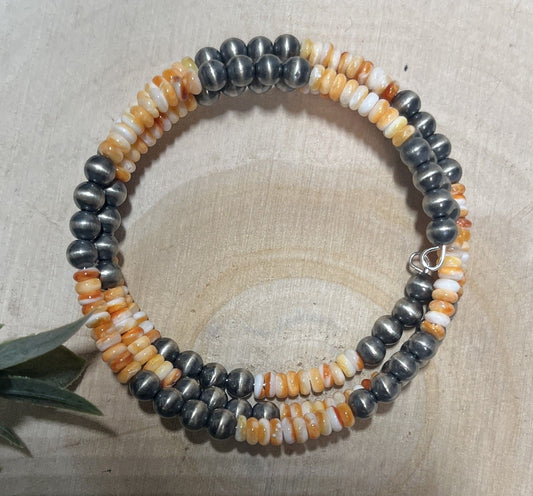 5mm Desert Pearls and Orange Spiny 3 row Memory Bracelet - Sunset Turquoise Mountain