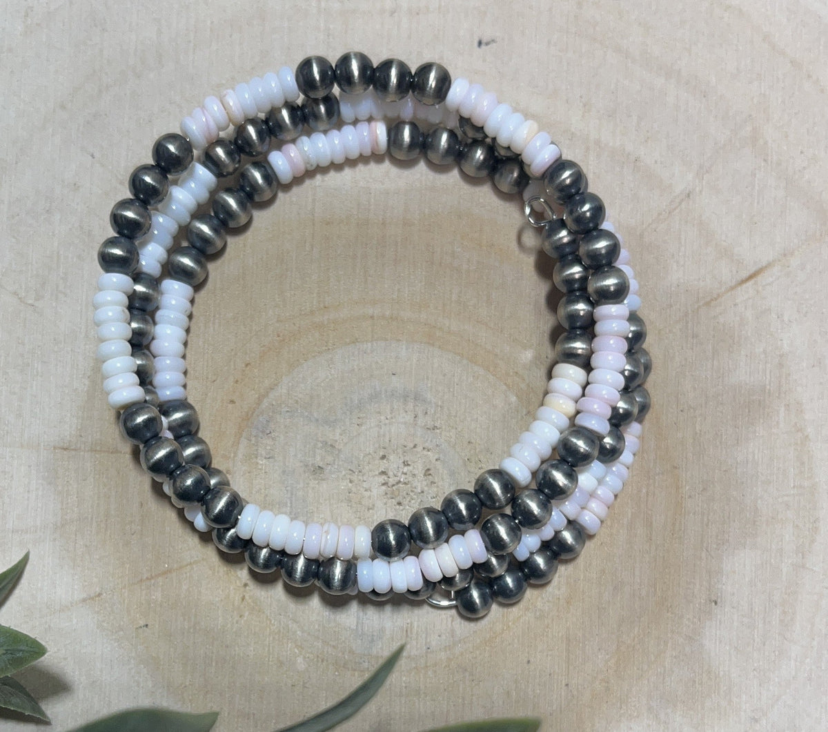 5mm Desert Pearls and Pink Conch Shell 3 - row Memory Bracelet - Sunset Turquoise Mountain
