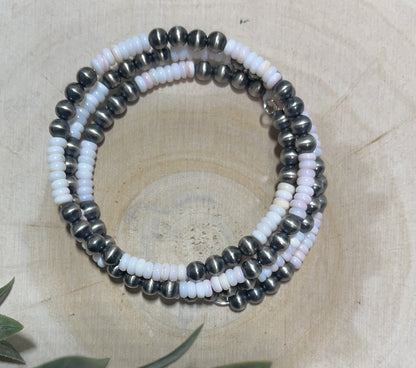 5mm Desert Pearls and Pink Conch Shell 3 - row Memory Bracelet - Sunset Turquoise Mountain