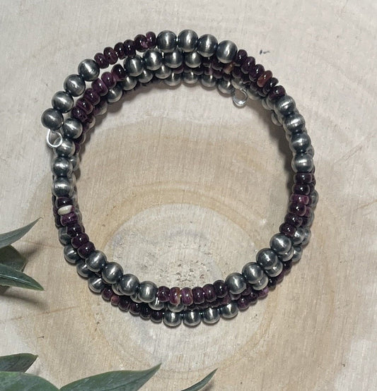 5mm Desert Pearls and Purple Spiny 3 - row Memory Bracelet - Sunset Turquoise Mountain