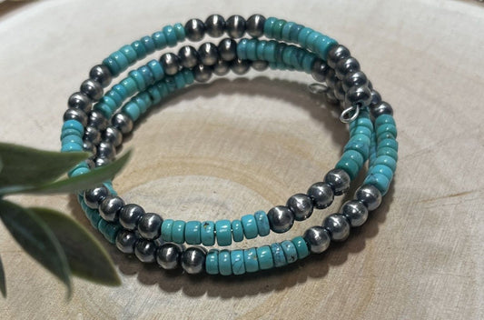 5mm Desert Pearls and Turquoise 3 - row Memory Bracelet - Sunset Turquoise Mountain