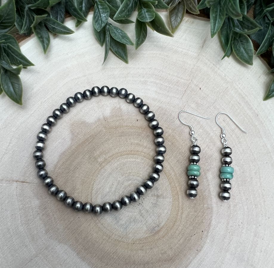 5mm Desert Pearls Stretch Bracelet & Turquoise Stick Earring Set - Sunset Turquoise Mountain