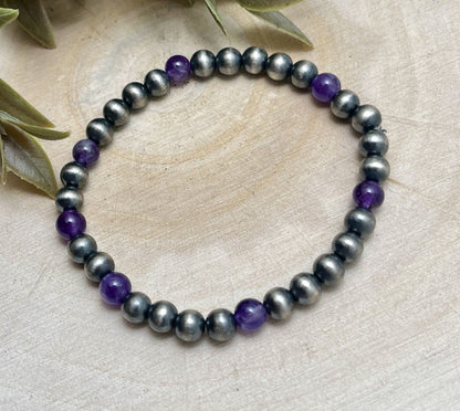 6mm Desert Pearls & Amethyst Stretch Bracelet - Sunset Turquoise Mountain