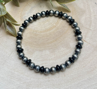 6mm Desert Pearls & Onyx Stretch Bracelet - Sunset Turquoise Mountain