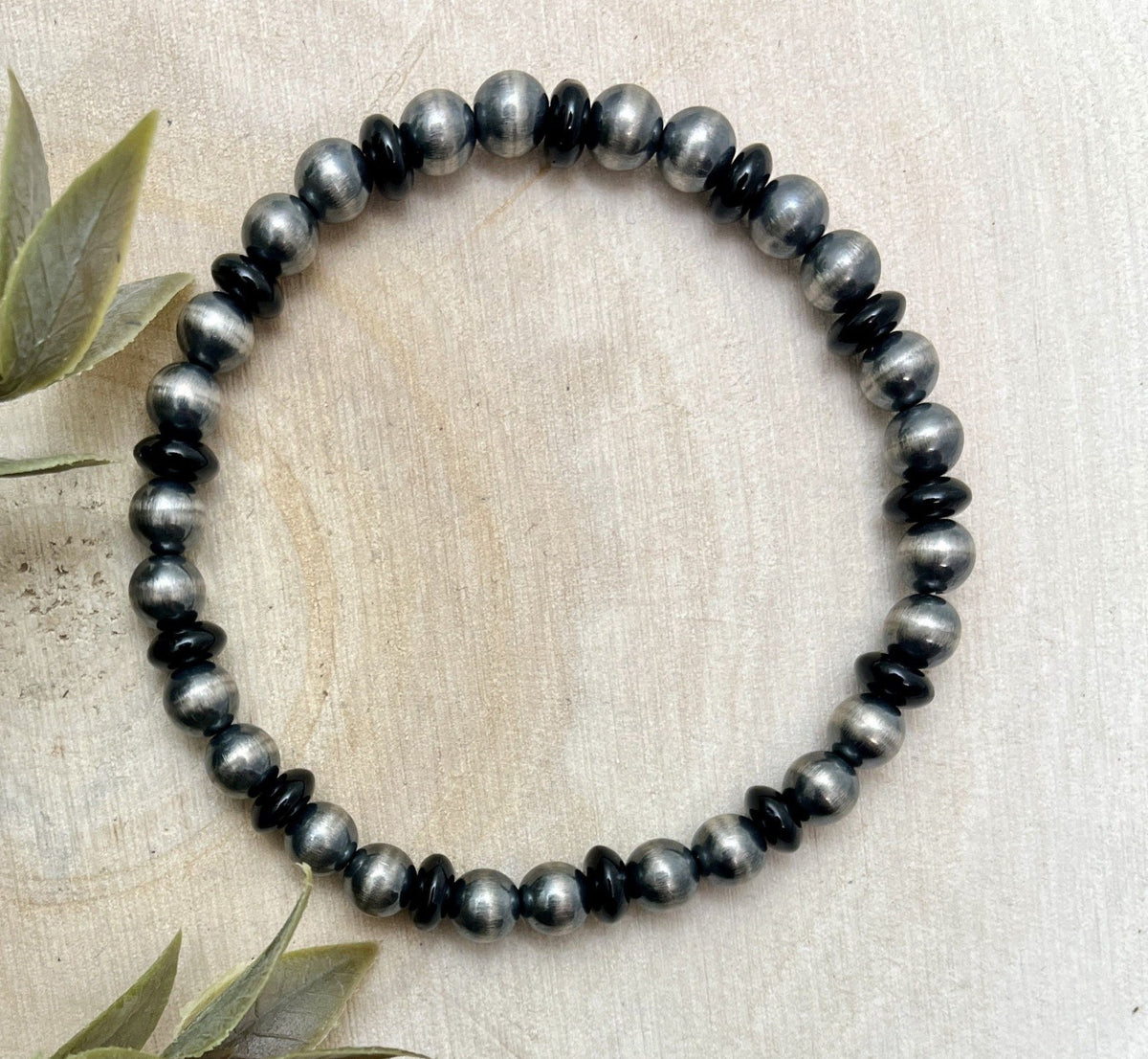 6mm Desert Pearls & Onyx Stretch Bracelet - Sunset Turquoise Mountain