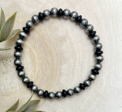 6mm Desert Pearls & Onyx Stretch Bracelet - Sunset Turquoise Mountain