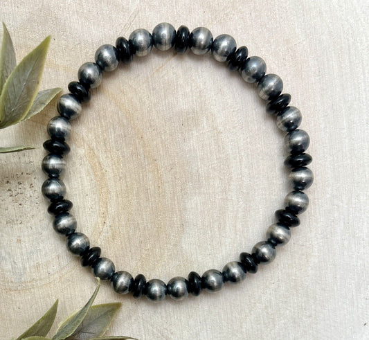 6mm Desert Pearls & Onyx Stretch Bracelet - Sunset Turquoise Mountain