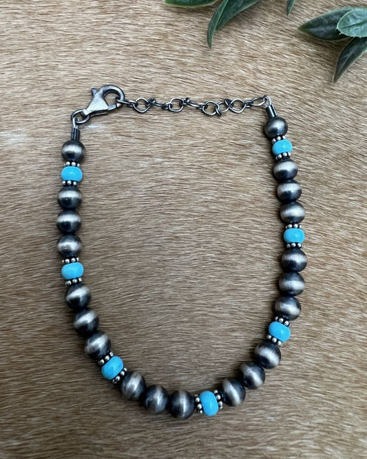 6mm Desert Pearls & Turquoise Bracelet - Sunset Turquoise Mountain