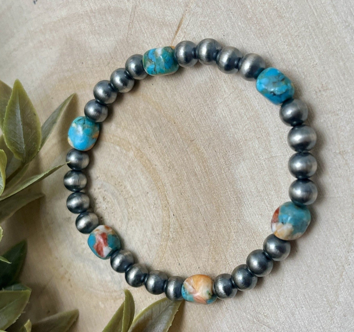 6mm Desert Pearls & Turquoise & Spiny Stretch Bracelet - Sunset Turquoise Mountain