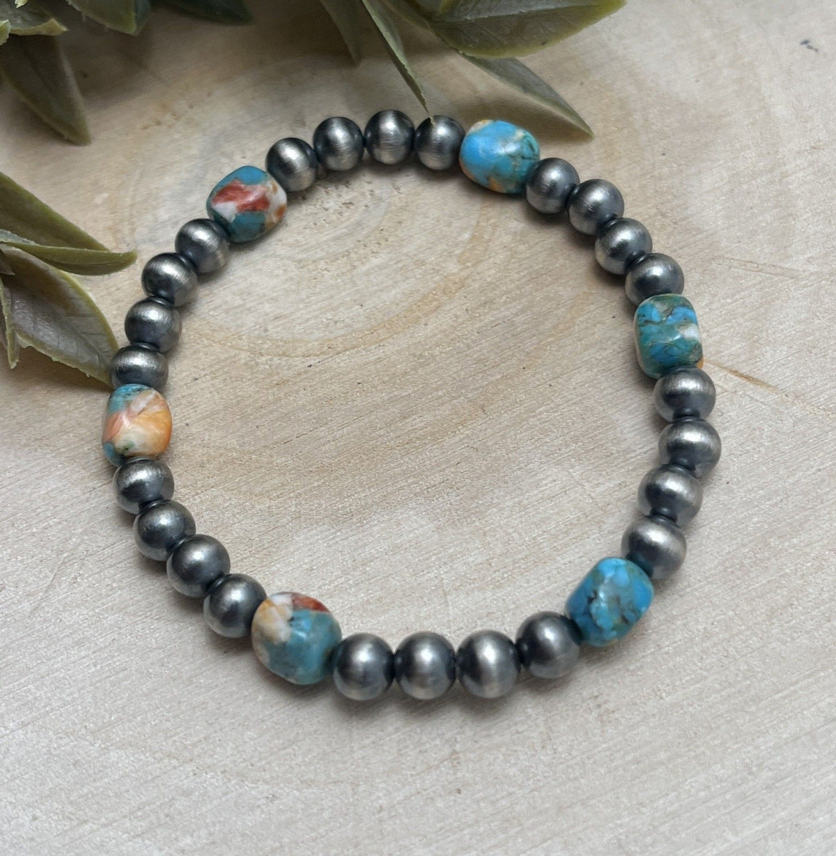 6mm Desert Pearls & Turquoise & Spiny Stretch Bracelet - Sunset Turquoise Mountain