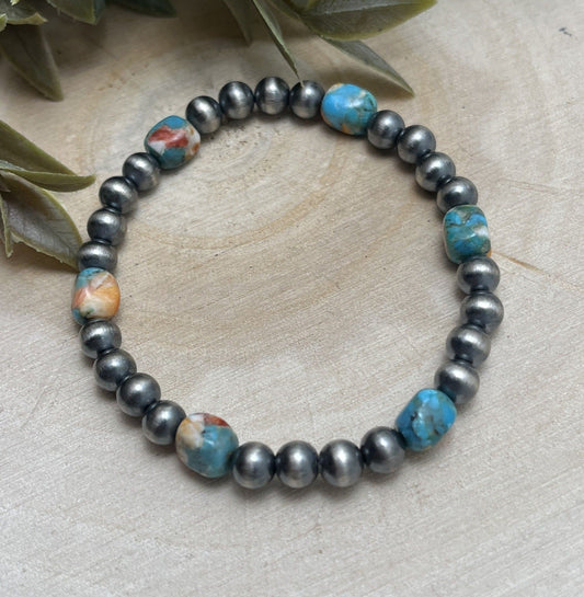 6mm Desert Pearls & Turquoise & Spiny Stretch Bracelet - Sunset Turquoise Mountain