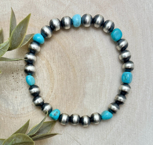 7mm Desert Pearls & Turquoise Stretch Bracelet - Sunset Turquoise Mountain
