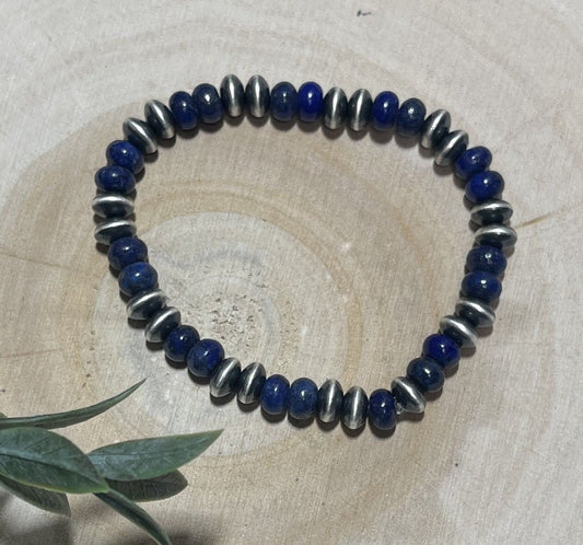 7mm Desert Saucer Pearls & Lapis Stretch Bracelet - Sunset Turquoise Mountain